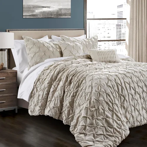 Vista 8 de Lush Decor Ravello Pintuck Juego de Edredón – Juego de ropa de cama texturizada de lujo de 5 piezas – Decoración tradicional de dormitorio inspirada