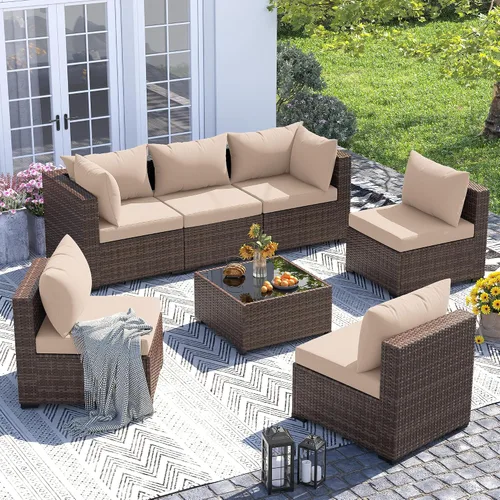Vista 20 de UDPATIO Muebles de exterior 7 piezas de mimbre para patio, cojín Beige