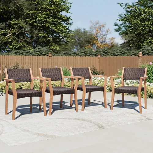 Vista 11 de PHI VILLA Sillas de comedor de madera de acacia para patio con asiento y respaldo de mimbre, 2 piezas