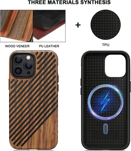 Vista 2 de TENDLIN Funda magnética para iPhone 13 Pro - Funda híbrida de TPU de cuero de grano de madera con compatibilidad MagSafe