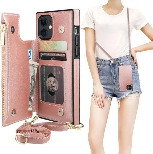 Vista 19 de Bocasal Funda tipo cartera cruzada para iPhone 11 Pro con tarjetero, protector de ranura para tarjetas con cremallera, a prueba de golpes, con Negro