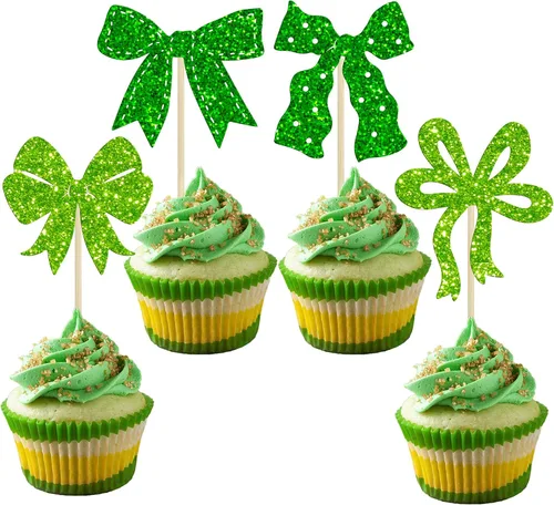 Vista 18 de Ephlyn 24 adornos para cupcakes con lazo para decoración de pastel de cumpleaños, decoración de fiesta de cumpleaños para niñas, decoración de Negro