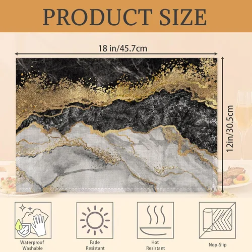 Vista 2 de Juego de 6 manteles individuales de mármol negro y dorado, lavables para mesa de cocina, comedor, resistentes al calor, para decoración de fiestas