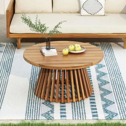 Vista 15 de Merax - Mesa de café redonda de madera de acacia para patio al aire libre, para jardín, balcón, acabado gris