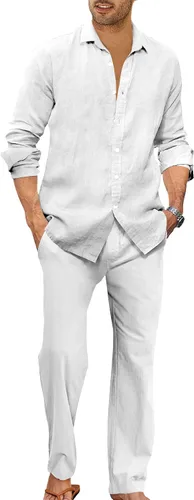 Vista 6 de Ryannology Men 2 Piece Linen Set Outfits Drawstring Long Pants Button Down Roll Up Sleeve Shirts Beach Wedding Suit Sets