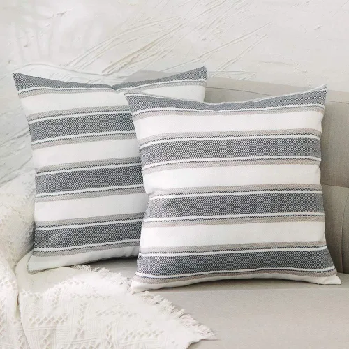 Vista 9 de Funda de almohada a rayas de lino sintético suave cuadrada decorativa con cremallera oculta para sofá, auto o dormitorio 12" x 12" Negro y blanco