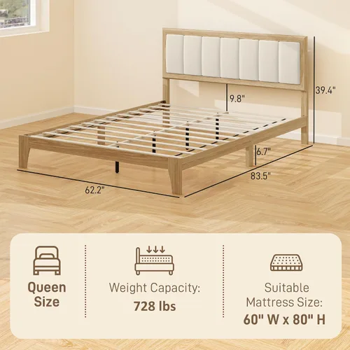 Vista 2 de HOMCOM Base de cama tamaño Queen con cabecera tapizada, marco de cama de plataforma con listones de madera, no necesita somier, fácil montaje