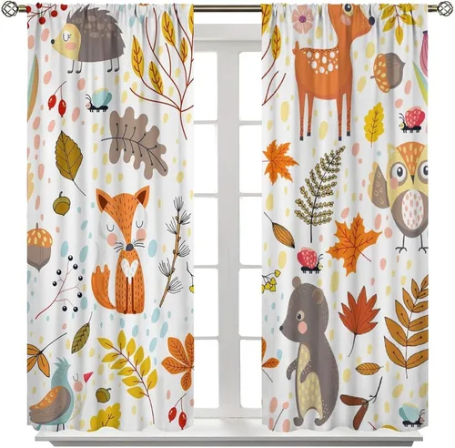 Vista 3 de YCness Cortinas para niños y niñas, diseño de animales de la selva, bosque de otoño, dibujos animados, ciervos, conejos, zorros, búhos, cortinas