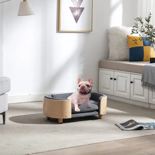 Vista 8 de Cama elevada para perros de estilo escandinavo con marco de madera maciza, sofá ortopédico para mascotas con funda extraíble lavable, muebles