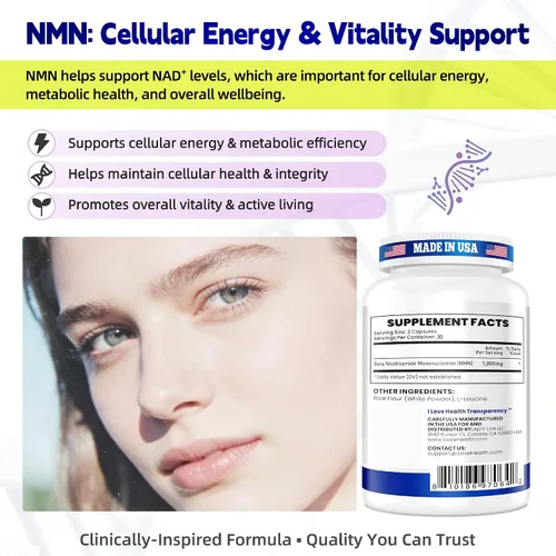Vista 7 de Suplemento NMN de 1000 mg por porción, 99.9% mononucleótido de nicotinamida pura, NAD+ apoya la energía celular y el envejecimiento saludable