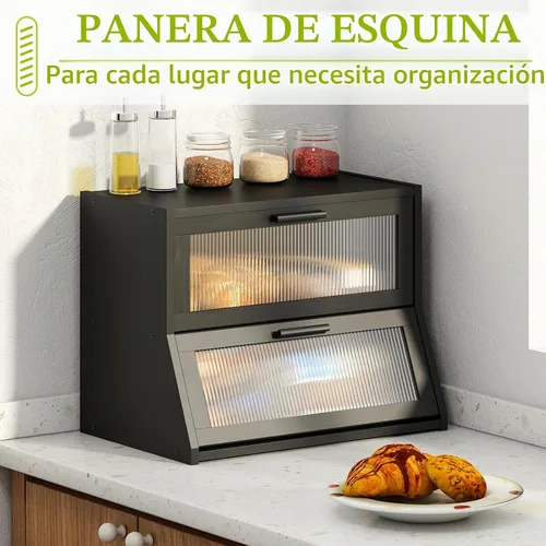 Vista 2 de Panera grande de bambú - Soporte para pan de encimera de doble capa, color negro