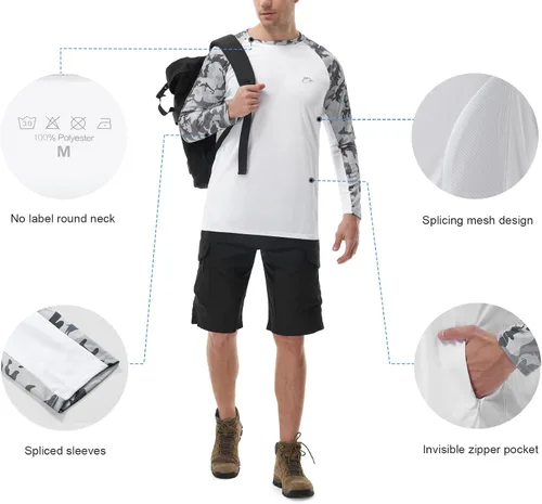 Vista 4 de Camiseta de pesca con capucha para hombre, con protección UPF 50+, de manga larga, con agujeros para los pulgares, con máscara facial de malla