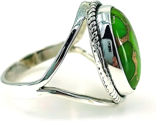 Vista 9 de Navya Craft Green Copper Turquoise Ring, 925 Sterling Silver Statement Promise Ring for Women, Natural Turquoise Oval Gemstone Handmade Boho