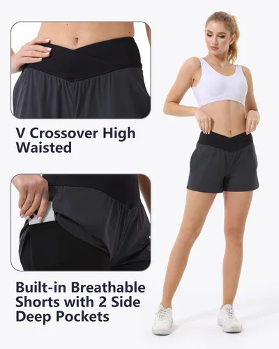 Vista 4 de HARTPOR Pantalones cortos deportivos 2 en 1 de secado rápido para mujer, cintura cruzada con bolsillos, forro de malla para entrenamiento, gimnasio