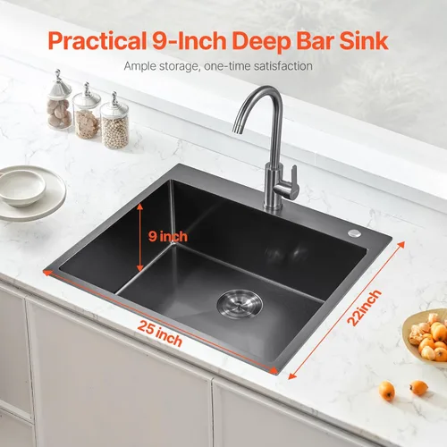 Vista 2 de VEVOR Fregadero de cocina empotrado de 25" con profundidad de 9" Fregadero de cocina de montaje superior de un solo tazón Fregadero de acero