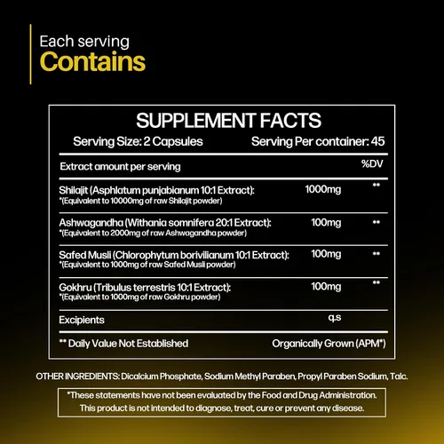 Vista 5 de Shilajit Gold Cápsulas 10000 mg de Shilajit para hombres y mujeres con musli, ashwagandha y gokhru seguro (blanco) Apoyo de energía, resistencia