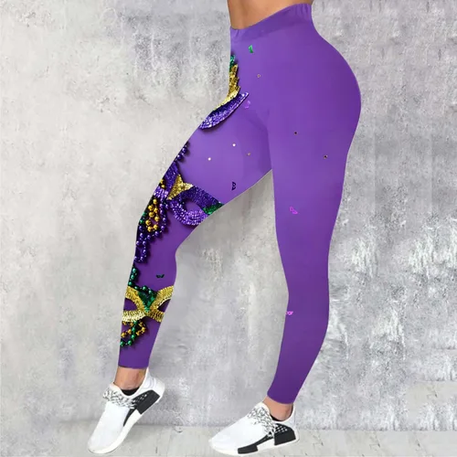 Vista 2 de Leggings de Mardi Gras para mujer, carnaval, festival, fiesta, estampado, bloque de color, cintura alta, elásticos, pantalones de yoga para mascarada