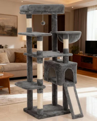 Vista 7 de Árbol para gatos de 54 pulgadas, torre alta para gatos con hamaca, condominio y almohadilla para rascar, casa para gatos con percha de felpa