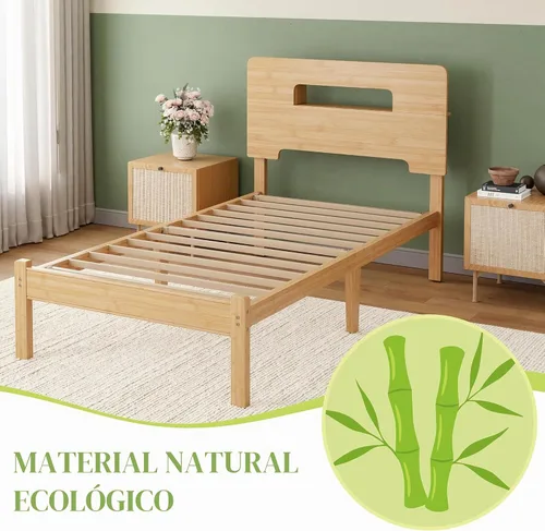 Vista 4 de ZIYOO Marco de cama de madera de bambú maciza tamaño individual con cabecera de almacenamiento, marco de cama plataforma de 14 pulgadas