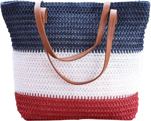 Vista 87 de Bolso grande de paja para mujer, tejido de ratán, bolso de playa de verano, a rayas