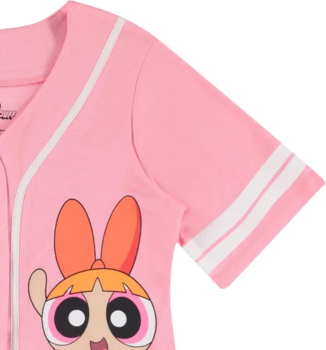 Vista 4 de PowerPuff Girls Ladies Baseball Jersey - Powerpuff Mesh Button Down Baseball Jersey - Blossom Bubble and Buttercup Shirt