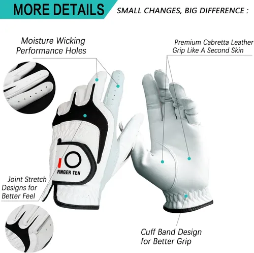 Vista 3 de FINGER TEN Mens Golf Gloves Leather Palm Value 6 Pack