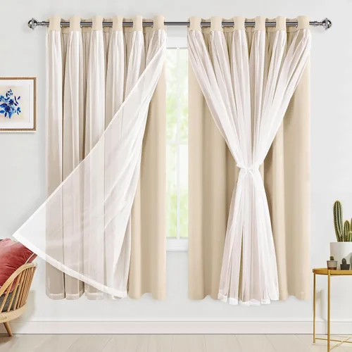 Vista 81 de Hiasan Cortinas opacas con superposición transparente, aislamiento térmico para mezclar y combinar de doble capa, cortinas de oscurecimiento de Beige