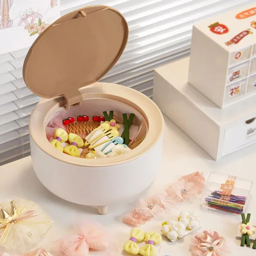 Vista 7 de PHILISENMALL Round Shape Hair Tie Container Box with Lid Portable Large Capacity Small Items Storage Containers Modern Style Space-saving Plastic