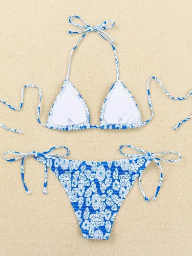 Vista 2 de MakeMeChic Conjunto de bikini de 2 piezas con cuello halter y triángulo para mujer, corte alto, traje de baño