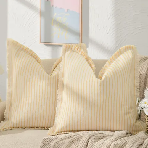 Vista 8 de Fundas de almohada ZWJD de 16 x 16 pulgadas, juego de 2 fundas de almohada a rayas con borlas, fundas de almohada de algodón chic, fundas de cojín