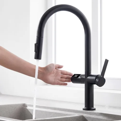 Vista 7 de Grifo de cocina táctil, rociador desplegable de 3 modos, sensor táctil activado, control de temperatura LED, rotación de 360 grados, placa de Negro