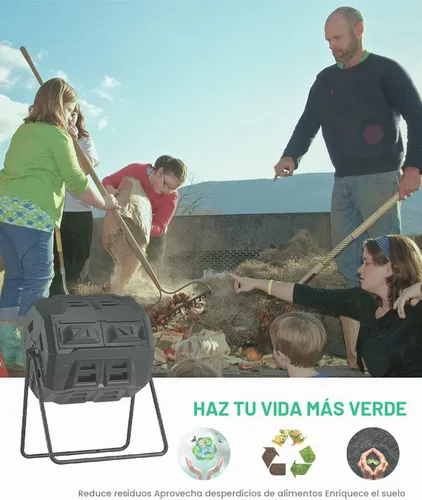 Vista 6 de Compostador giratorio mejorado 2021 con termómetro de compost - Contenedor de compost de jardín de cámara doble (43 galones, negro)