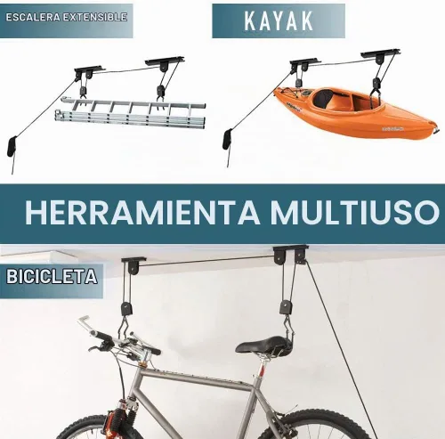Vista 2 de Elevador de bicicleta, elevador de bicicleta de techo, 3 poleas, cuerda