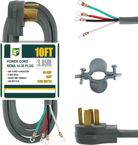 Vista 11 de EP Cable de secado de 4 puntas, 4 pies SRDT 10/4, cable de alimentación de extensión de electrodomésticos de 30 amperios, NEMA 14-30, negro