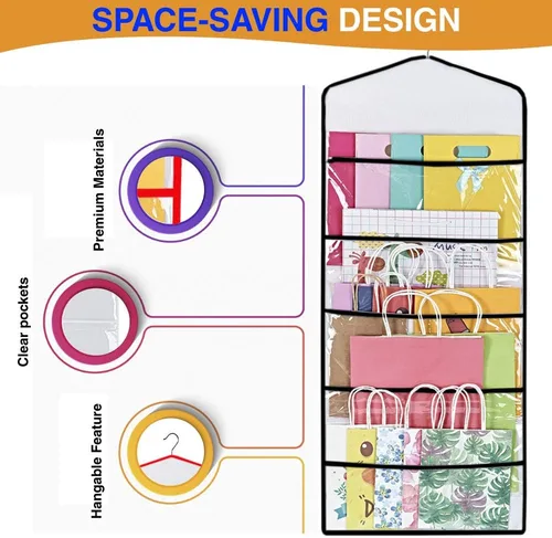 Vista 3 de ProPik Organizador de almacenamiento colgante de doble cara para bolsas de regalo con múltiples bolsillos delanteros y traseros, organiza tu papel