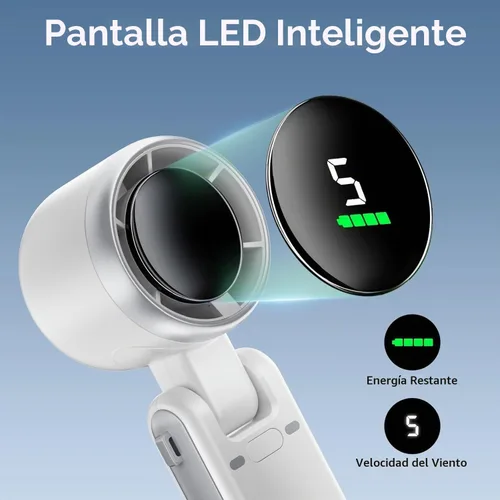 Vista 5 de Ventilador de mano, ventilador personal recargable, motor de alta potencia, pantalla LED, ventiladores de bolsillo pequeños