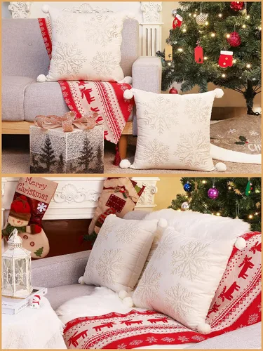 Vista 8 de Lewondr - Fundas de almohada navideñas con copo de nieve de 20 x 20 pulgadas, color blanco y amarillo Velvet Texture, Exquisite Embroidery