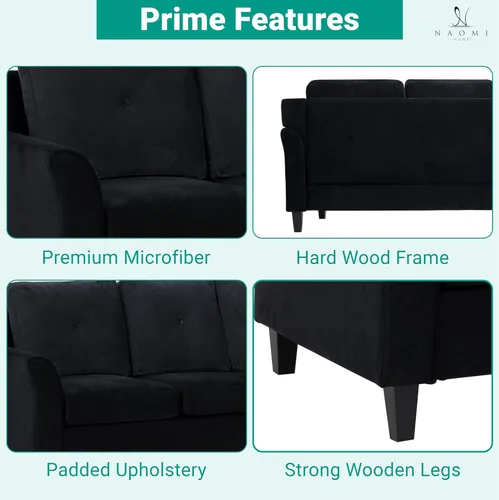 Vista 4 de Naomi Home Raelynn - Sofá de microfibra con botones, color negro Sofá de microfibra con botones de mediados de siglo con marco de madera dura