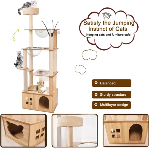 Vista 3 de Árbol de madera para gatos de 66.8 pulgadas con condominio para gatos, escaleras para gatos, 3 cuencos, juguetes, postes rascadores de sisal