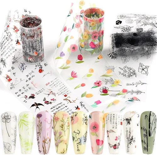 Vista 4 de Kit de 10 rollos de calcomanías de transferencia de papel de aluminio para uñas, diseño de pintura de tinta de bambú, láminas de papel de aluminio