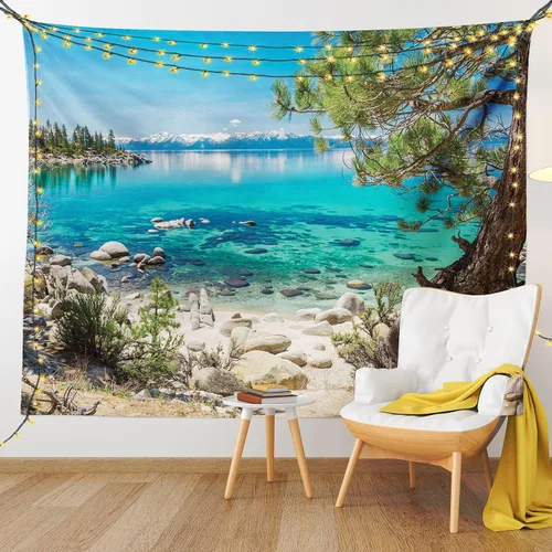Vista 9 de Ambesonne Tapiz de naturaleza, reflejo de montaña nevada del lago Tahoe, vista de la costa rocosa de agua clara, decoración de tela para colgar