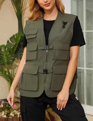 Vista 3 de Wyeysyt Chaleco de pesca para mujer, chaleco de viaje para trabajo al aire libre con múltiples bolsillos