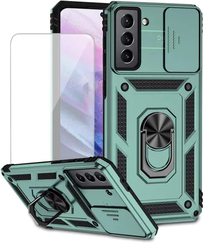 Vista 12 de Funda para Galaxy S21 5G, Samsung S21 SM-G991U con protector de pantalla de vidrio templado y cubierta de cámara deslizante, anillo magnético