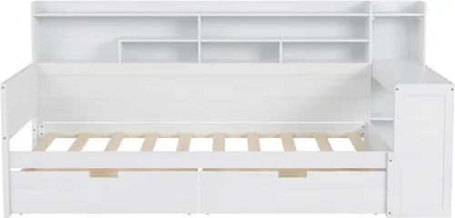 Vista 6 de VilroCaz Cama de sofá de tamaño individual de madera con estantes de almacenamiento y escritorio de estudio, estructura de cama de día Blanco