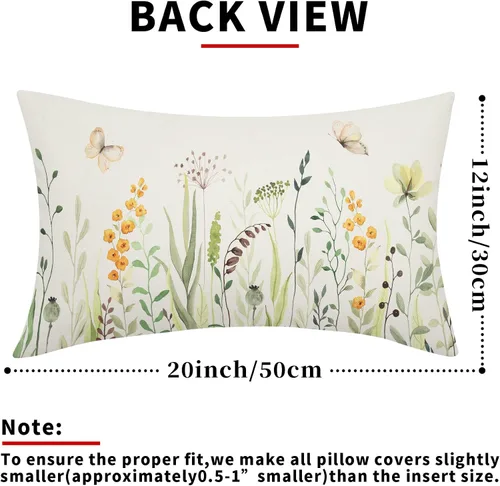 Vista 3 de Kawani Fundas de almohadón lumbar florales para primavera y verano de 12x20 pulgadas, flores silvestres amarillas y hojas verdes con mariposas