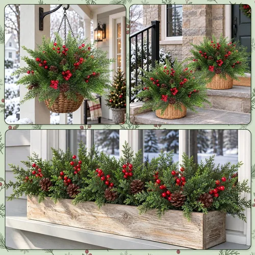 Vista 5 de 6 Pcs Christmas Greenery Stems, Artificial Pine Branches with Red Berries and Pinecones, Faux Evergreen Floral Stems for Vase, Full Christmas Picks