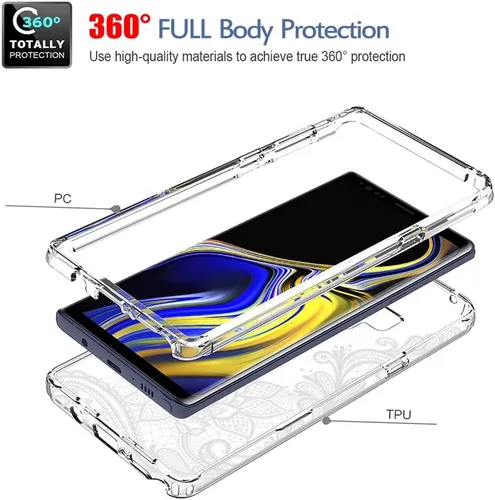 Vista 3 de Funda para Galaxy Note 9, Samsung Note 9 N960U con protector de pantalla de vidrio templado, patrón de mandala transparente, funda protectora