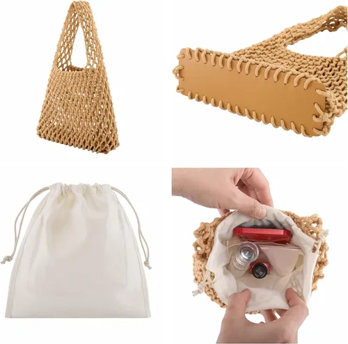 Vista 5 de Ayliss Mini bolso de mano para mujer, de algodón, ganchillo, asa superior, cordón para playa, tejido de red, bolsa de red de pesca