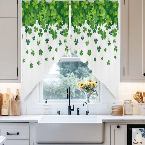 Vista 4 de Juego de Cortinas de Cocina del Día de San Patricio Trébol de la Suerte Shamrock Juego de Cenefa de Ventana, Cortinas con Bolsillo para Barra