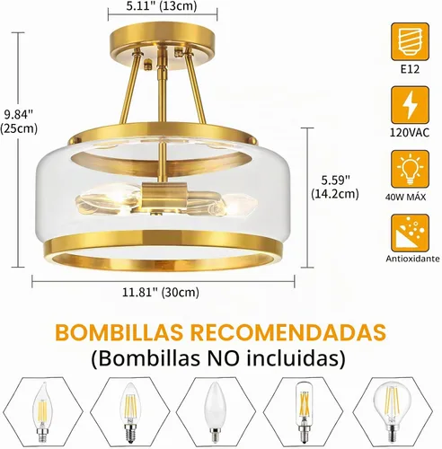 Vista 6 de 11.81 "Lámpara de techo de montaje semi empotrado de vidrio moderno Latón